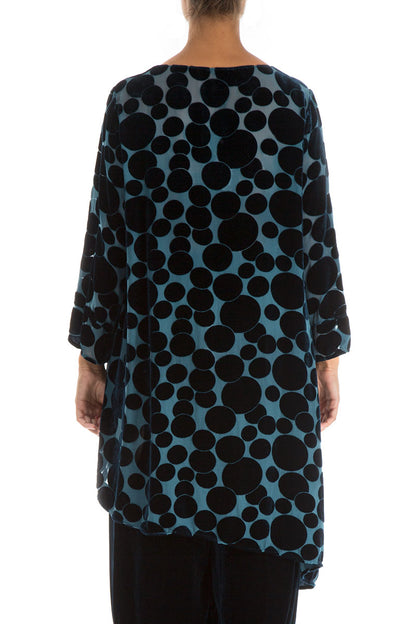 Asymmetrical Devoré Bubbles Peacock Blue Silk Velvet Tunic