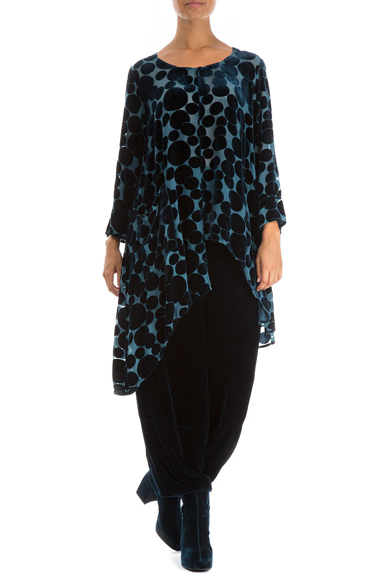 Asymmetrical Devoré Bubbles Peacock Blue Silk Velvet Tunic