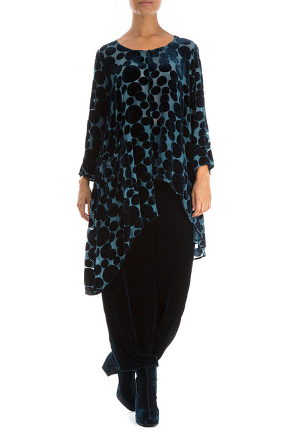 Asymmetrical Devoré Bubbles Peacock Blue Silk Velvet Tunic