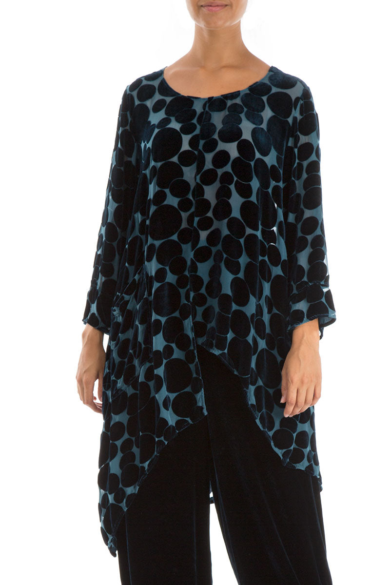 Asymmetrical Devoré Bubbles Peacock Blue Silk Velvet Tunic