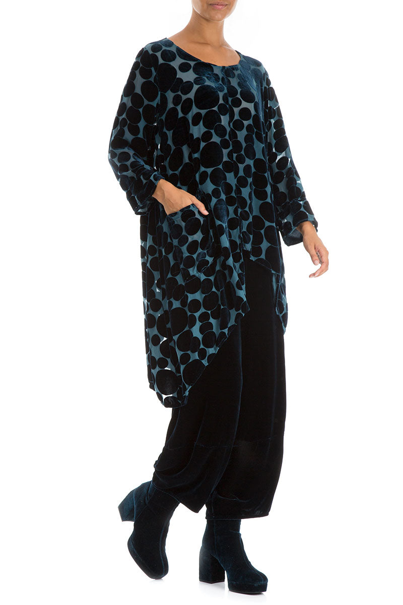 Asymmetrical Devoré Bubbles Peacock Blue Silk Velvet Tunic