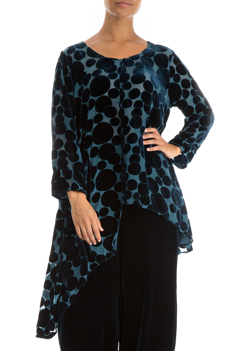 Asymmetrical Devoré Bubbles Peacock Blue Silk Velvet Tunic