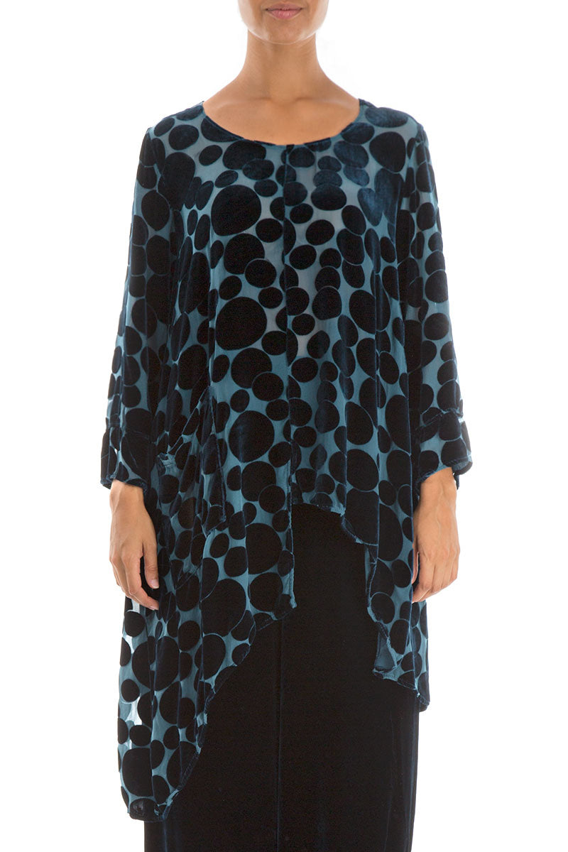 Asymmetrical Devoré Bubbles Peacock Blue Silk Velvet Tunic