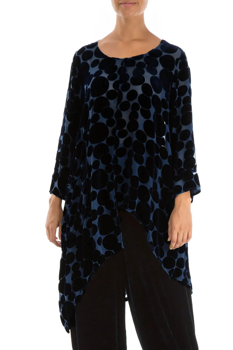 Asymmetrical Devoré Bubbles Royal Blue Silk Velvet Tunic 4