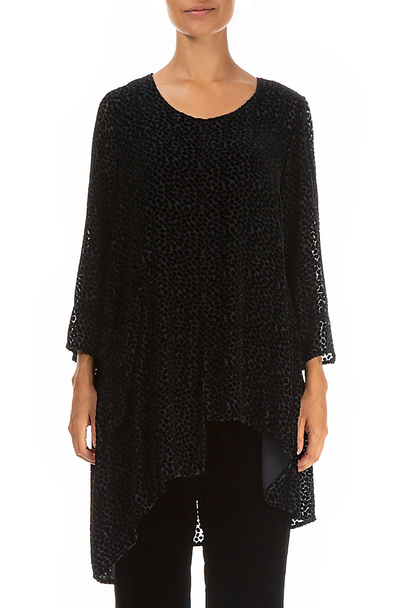 Asymmetrical Devoré Dot Black Silk Velvet Tunic