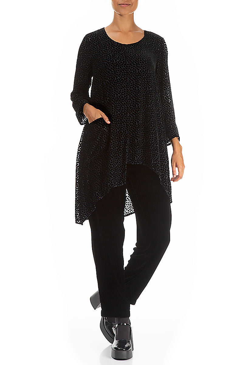 Asymmetrical Devoré Dot Black Silk Velvet Tunic