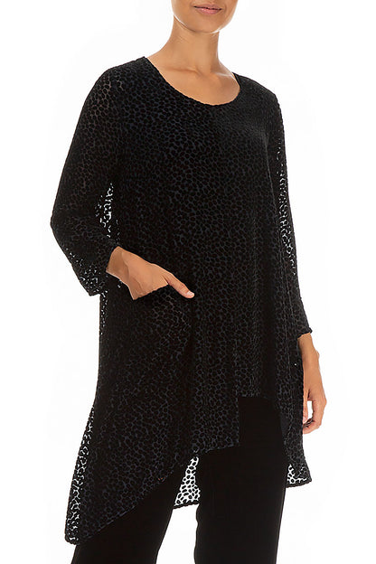 Asymmetrical Devoré Dot Black Silk Velvet Tunic