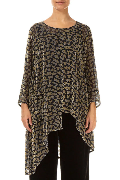 Asymmetrical Devoré Petals Gold Silk Velvet Tunic