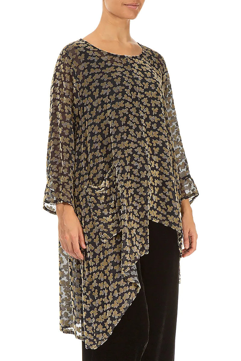 Asymmetrical Devoré Petals Gold Silk Velvet Tunic