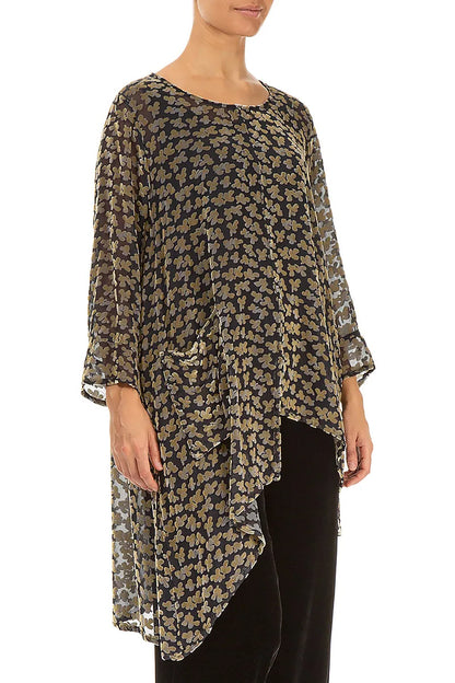 Asymmetrical Devoré Petals Gold Silk Velvet Tunic