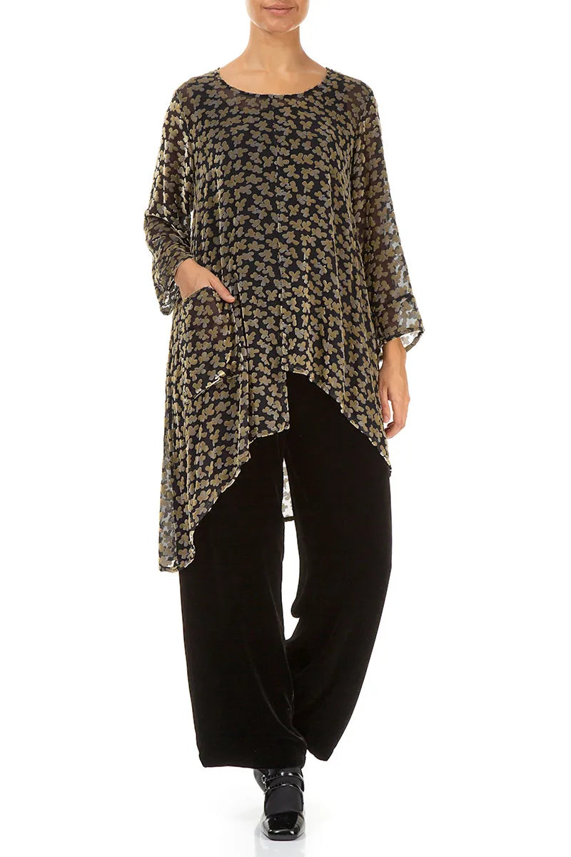 Asymmetrical Devoré Petals Gold Silk Velvet Tunic