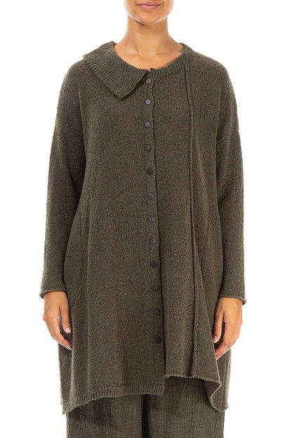 Asymmetrical Khaki Wool Cardigan