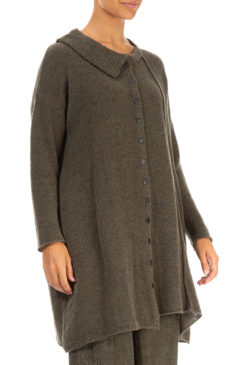 Asymmetrical Khaki Wool Cardigan