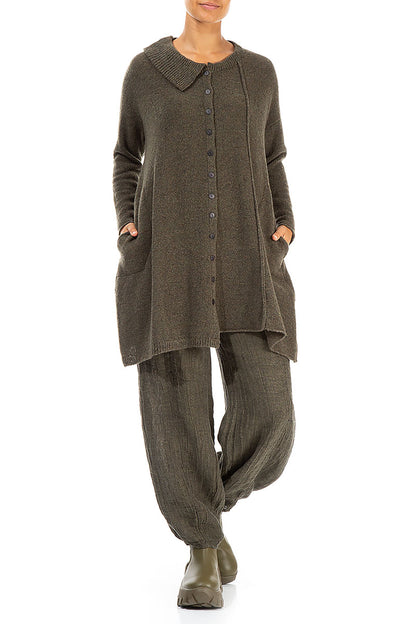 Asymmetrical Khaki Wool Cardigan