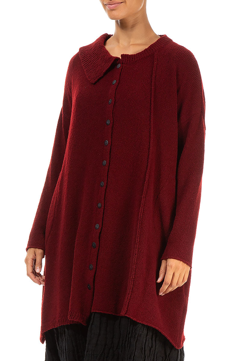 Asymmetrical Maroon Wool Cardigan