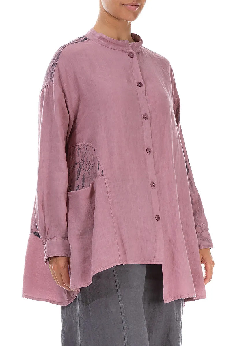 Asymmetrical Mauve Taupe Printed Back Linen Shirt 3