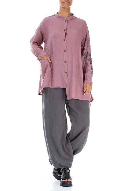 Asymmetrical Mauve Taupe Printed Back Linen Shirt 4