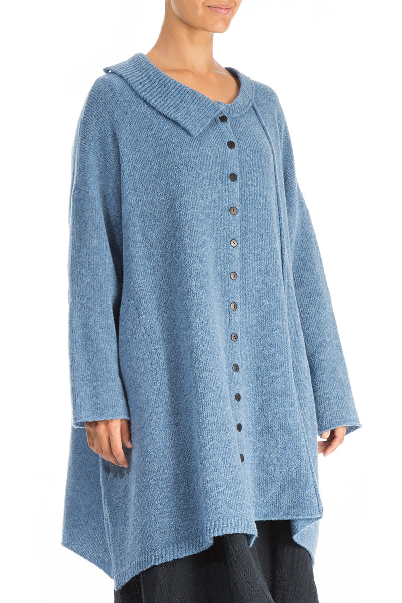 Asymmetrical Petrol Blue Wool Cardigan