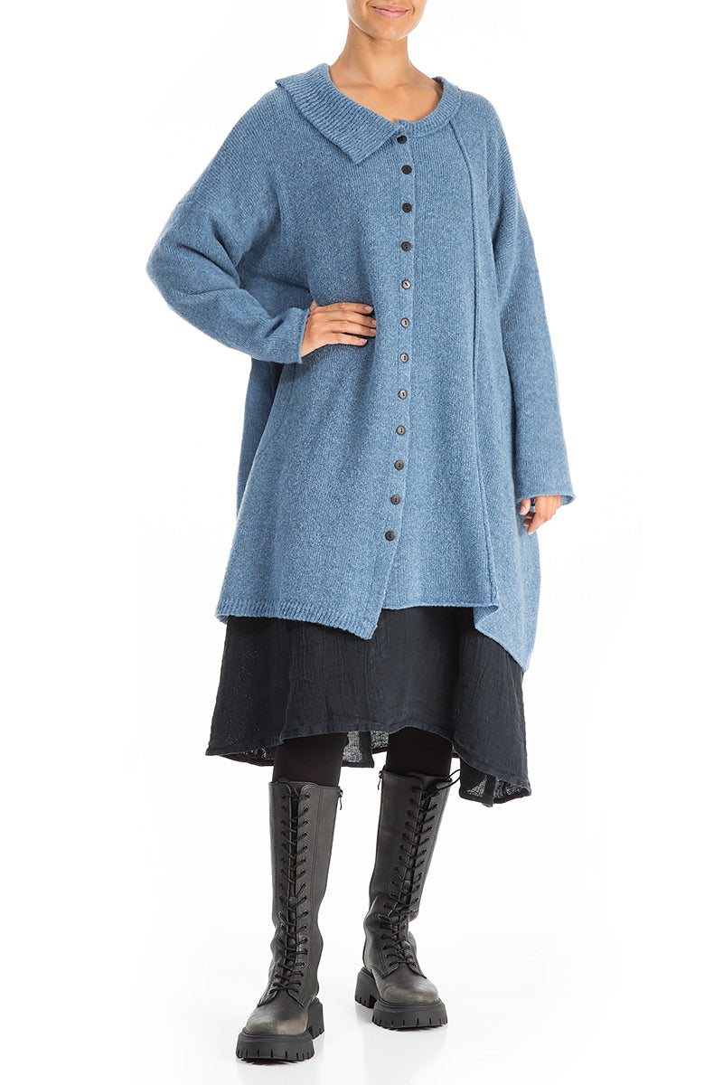 Asymmetrical Petrol Blue Wool Cardigan