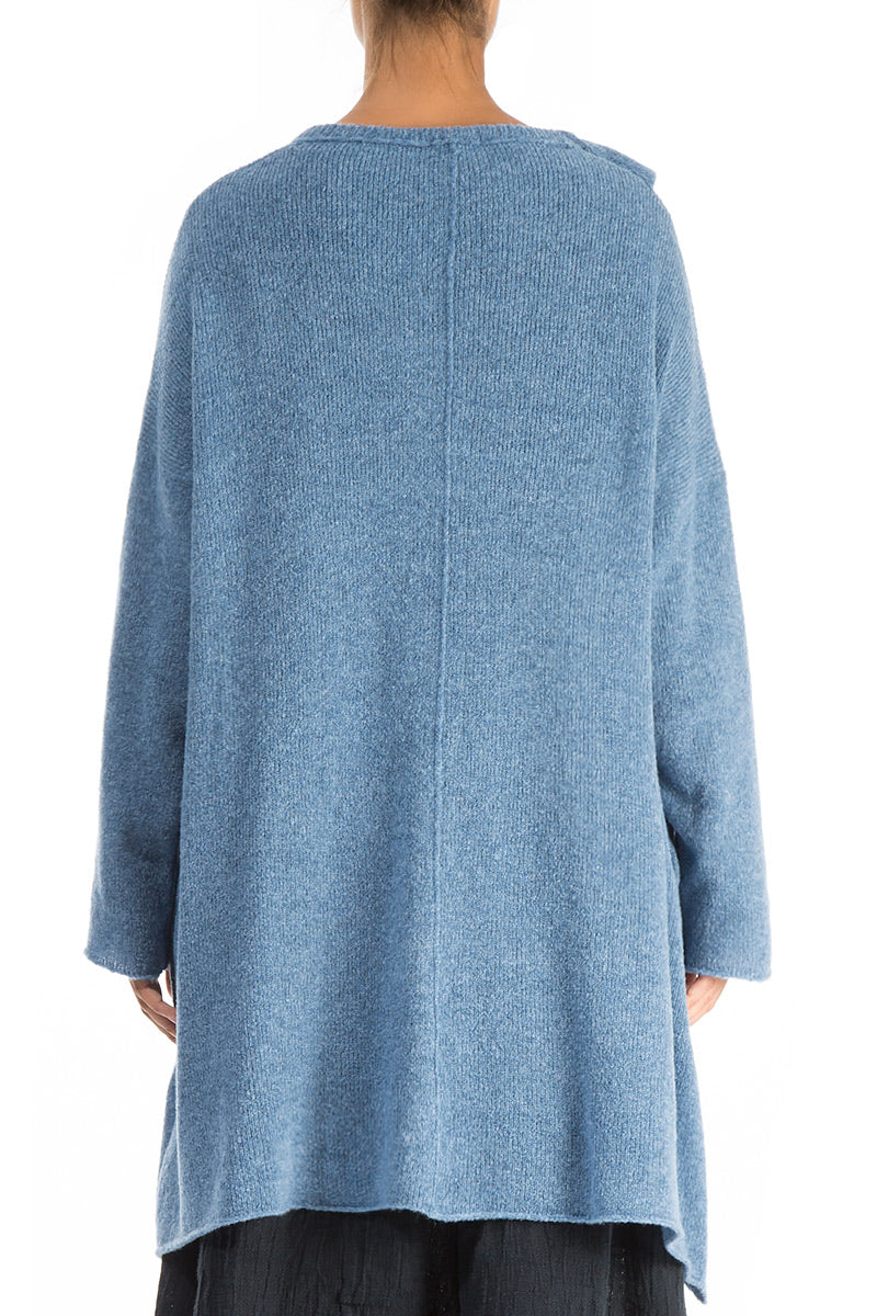 Asymmetrical Petrol Blue Wool Cardigan