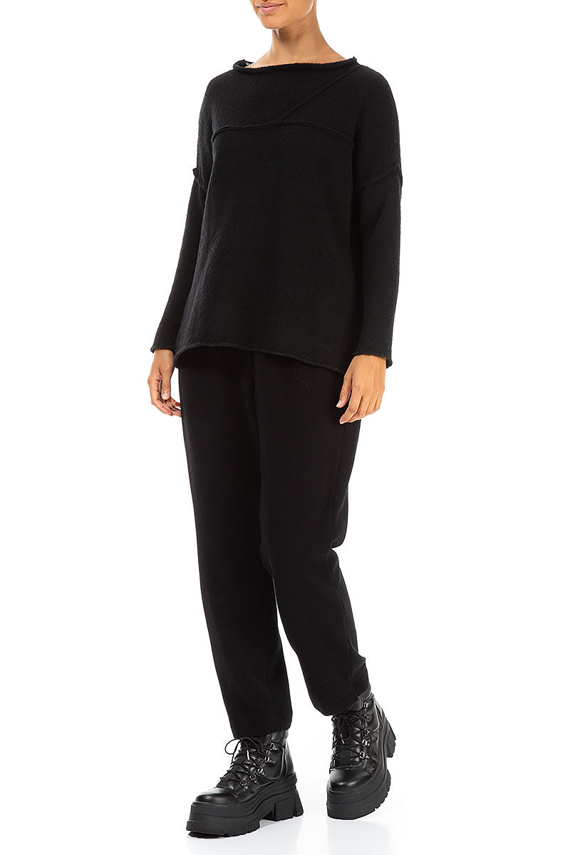 Asymmetrical Seams Black Wool Sweater