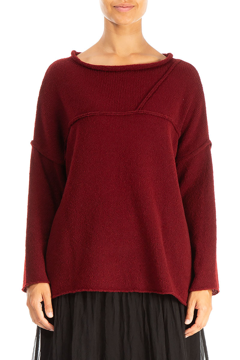 Asymmetrical Seams Maroon Wool Sweater