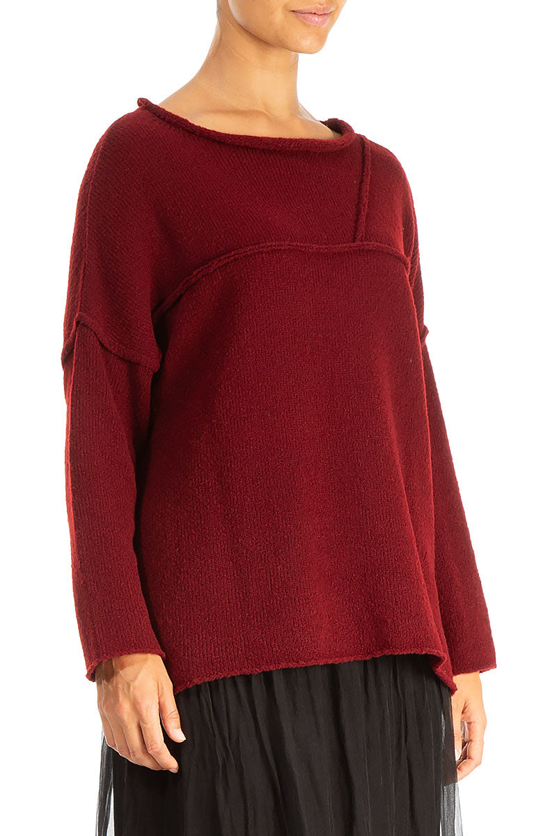 Asymmetrical Seams Maroon Wool Sweater