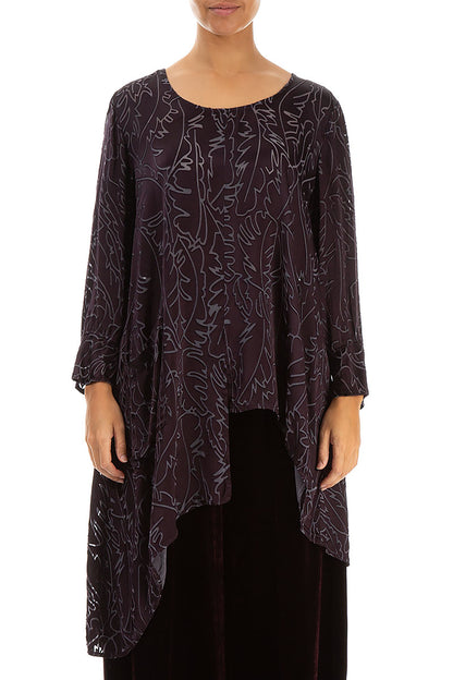 Asymmetrical Vintage Violet Devoré Feather Silk Tunic 1