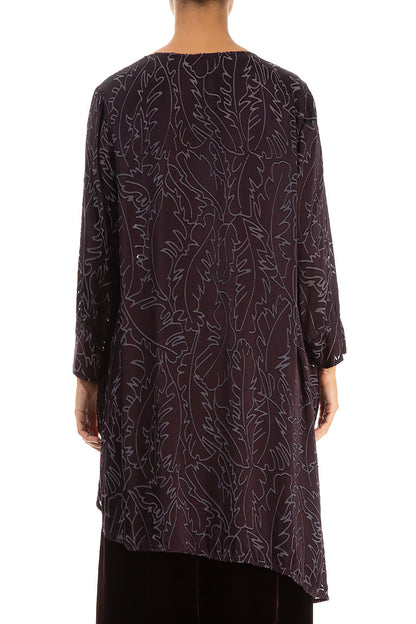 Asymmetrical Vintage Violet Devoré Feather Silk Tunic 2