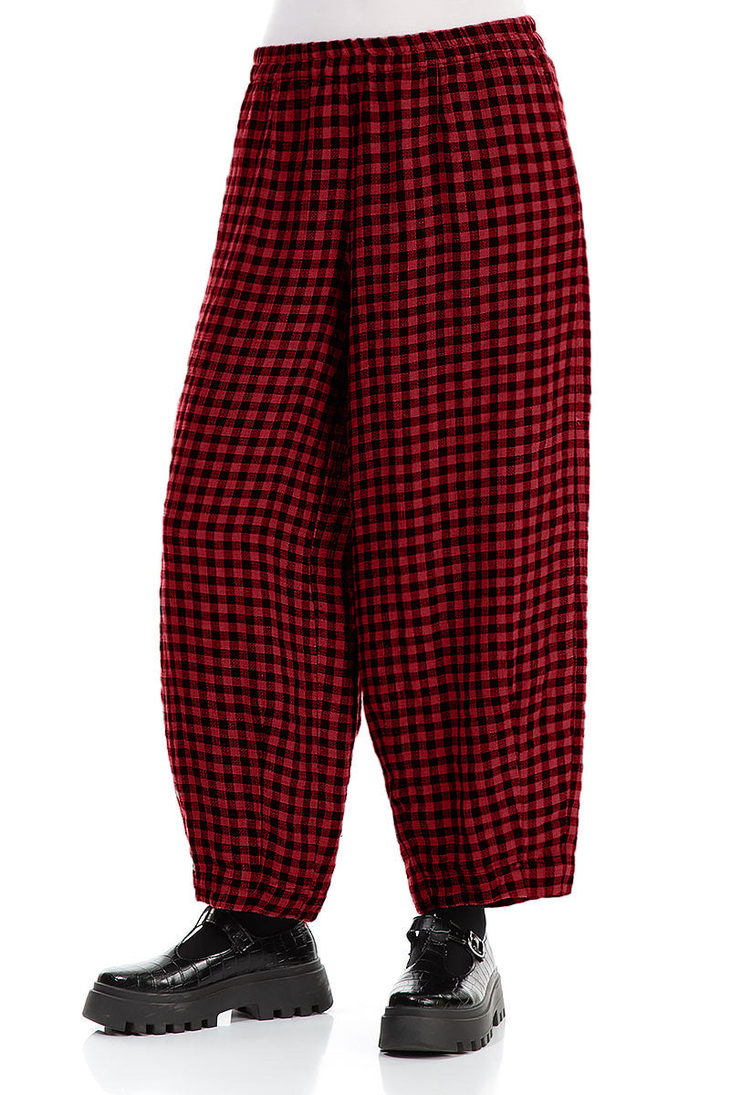Back Pockets Red Check Linen Trousers 3