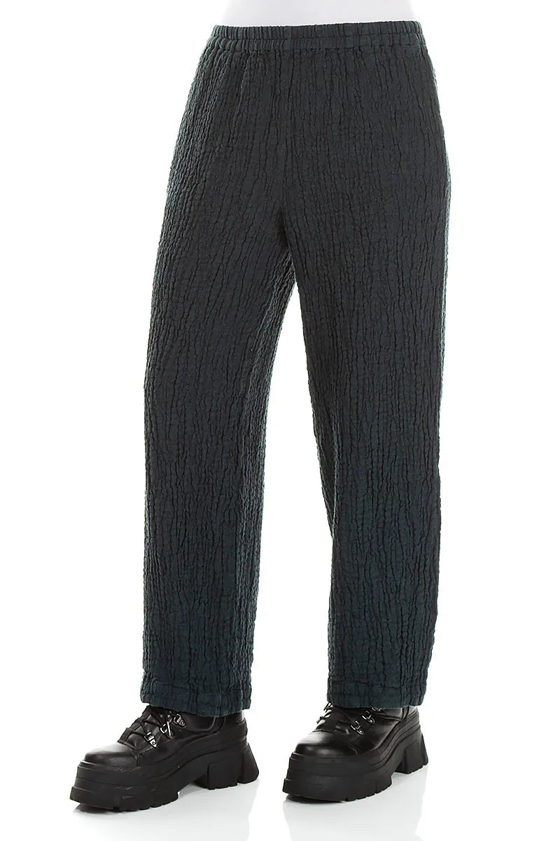Back Pockets Deep Turquoise Textured Linen Trousers
