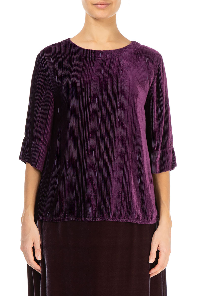 Back Ribbon Devoré Stripes Aubergine Silk Velvet Blouse