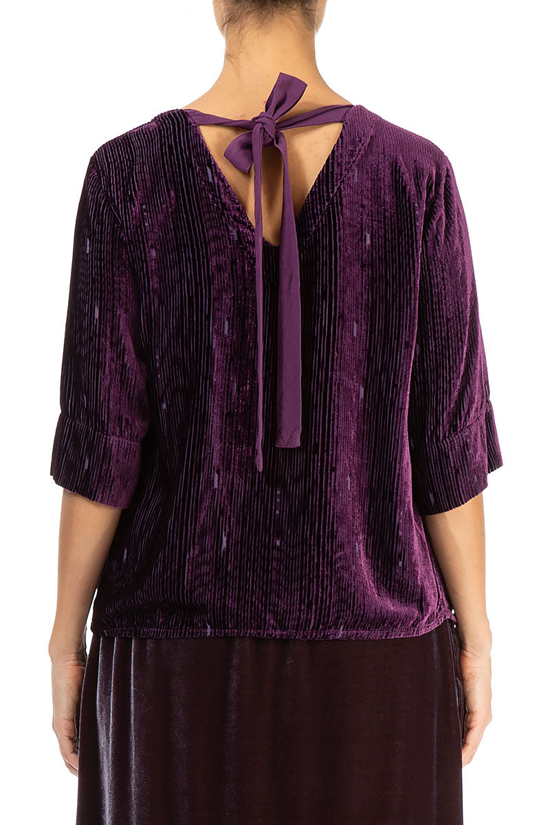 Back Ribbon Devoré Stripes Aubergine Silk Velvet Blouse