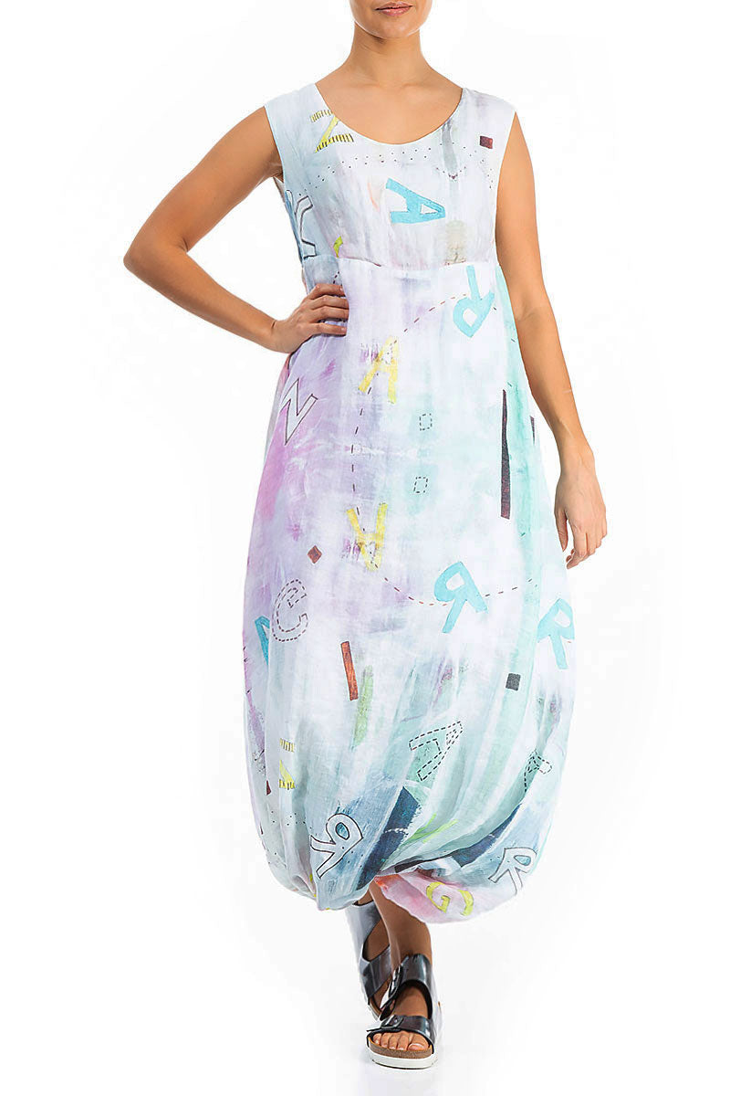 Balloon Hem Graffiti Gauze Linen Dress 4