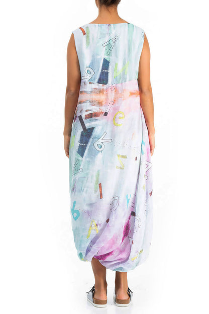 Balloon Hem Graffiti Gauze Linen Dress 2