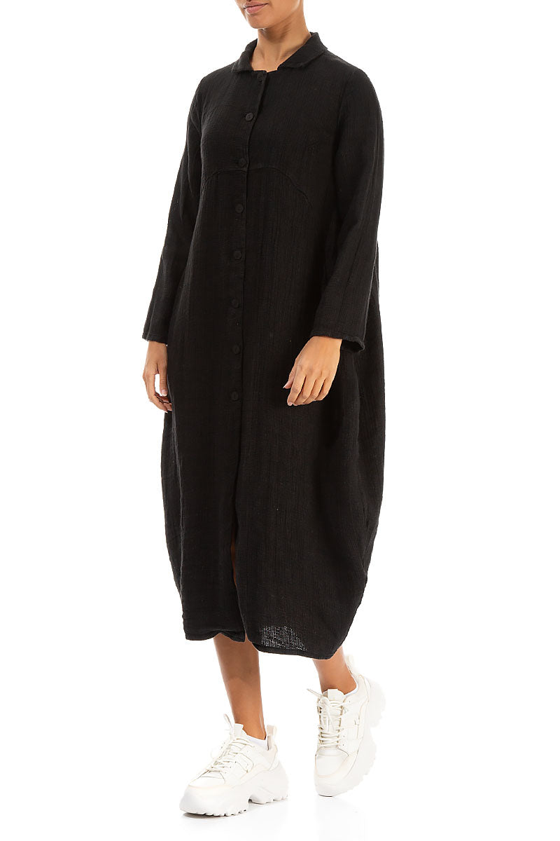 Balloon Black Textured Linen Jacket Dress