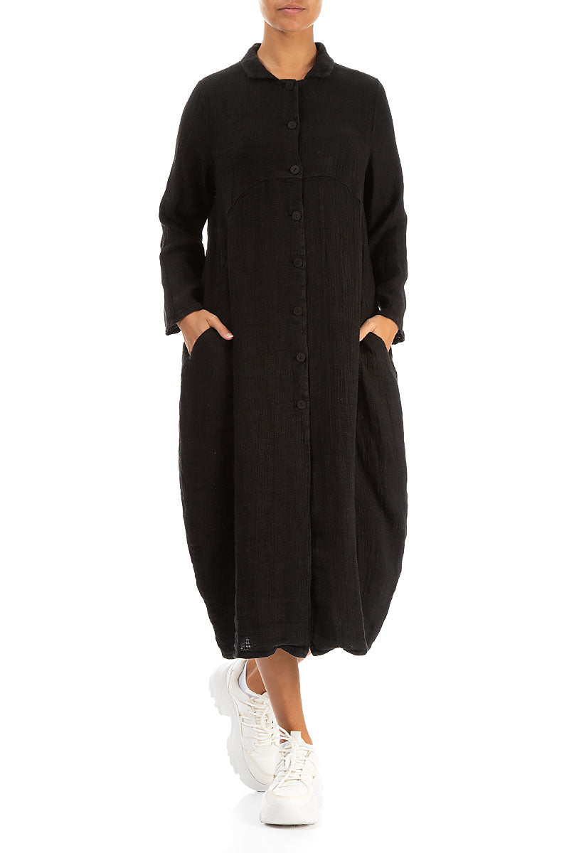 Balloon Black Textured Linen Jacket Dress