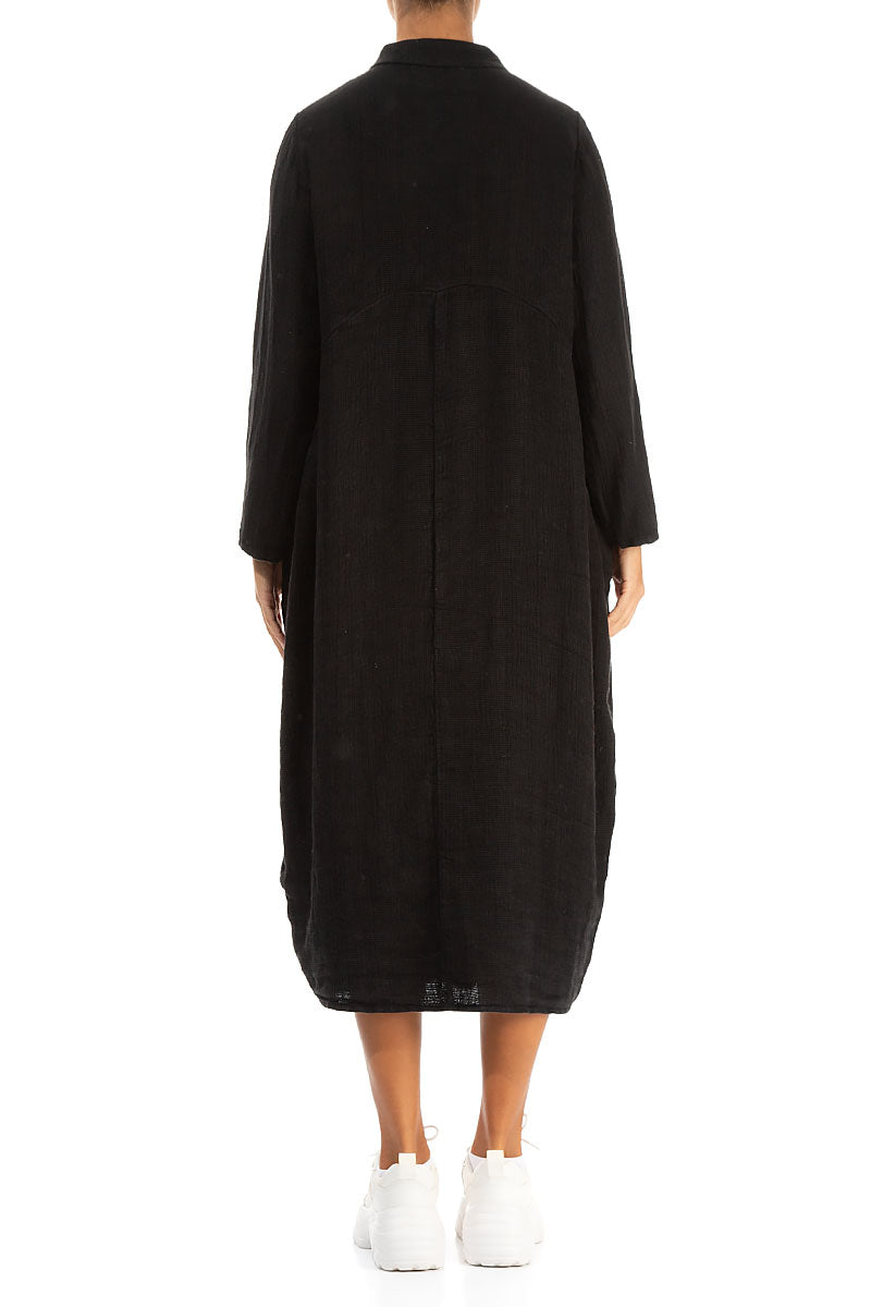 Balloon Black Textured Linen Jacket Dress