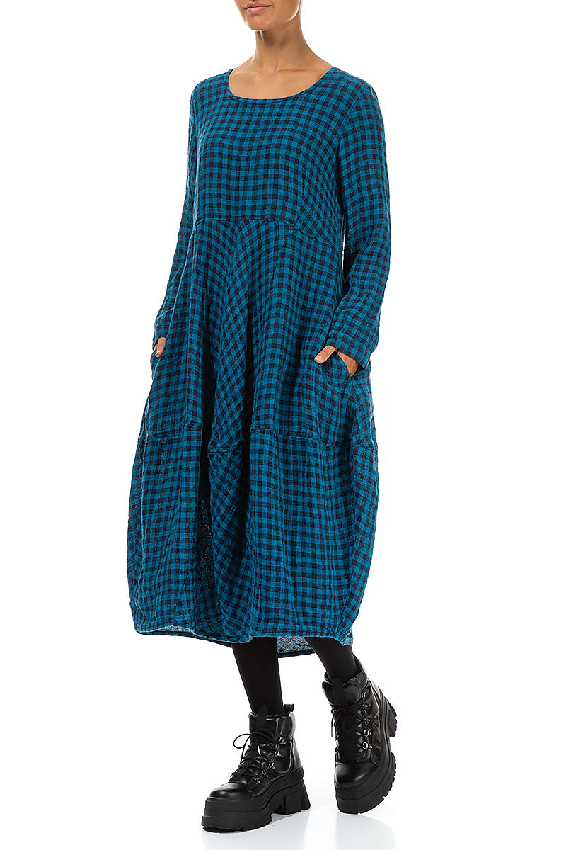 Balloon Blue Check Linen Dress