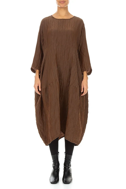 Balloon Crinkled Aged Copper Silk Linen Dress