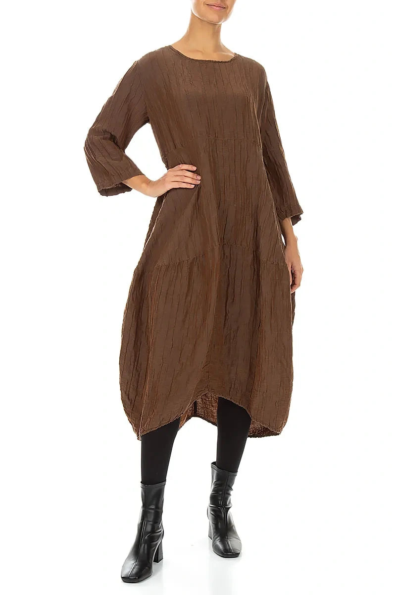 Balloon Crinkled Aged Copper Silk Linen Dress