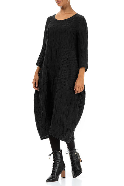 Balloon Crinkled Black Silk Linen Dress 3