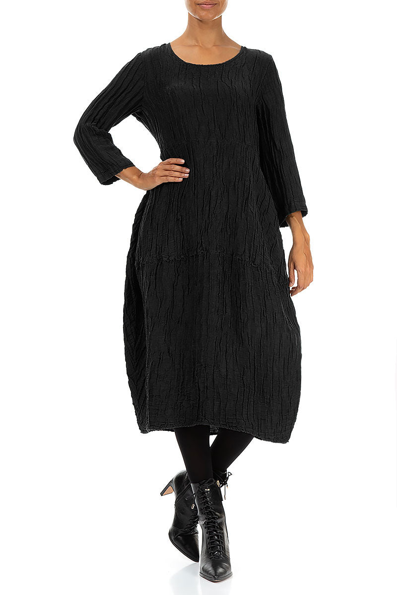 Balloon Crinkled Black Silk Linen Dress