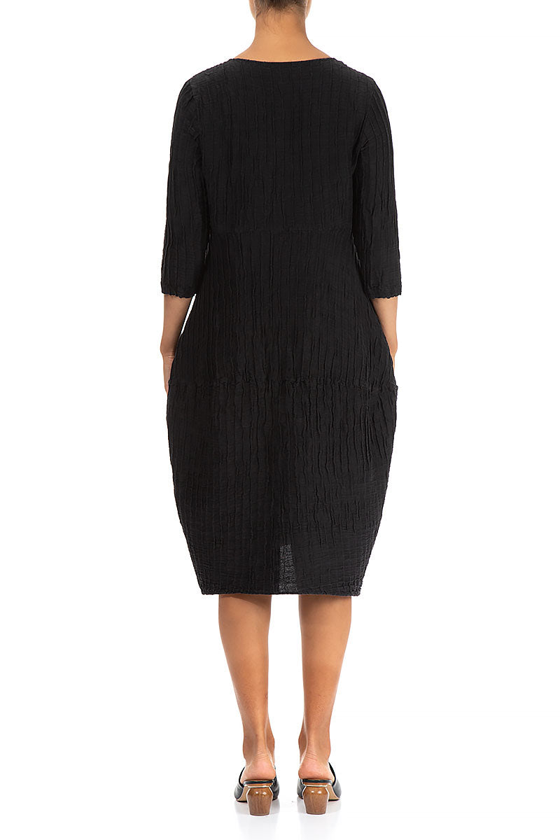 Balloon Crinkled Black Silk Linen Dress