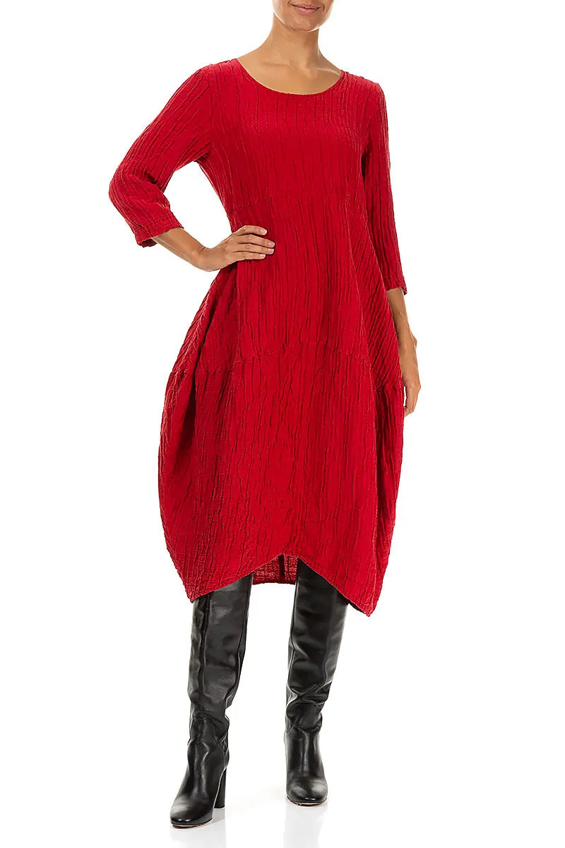 Balloon Crinkled Cherry Red Silk Linen Dress 4