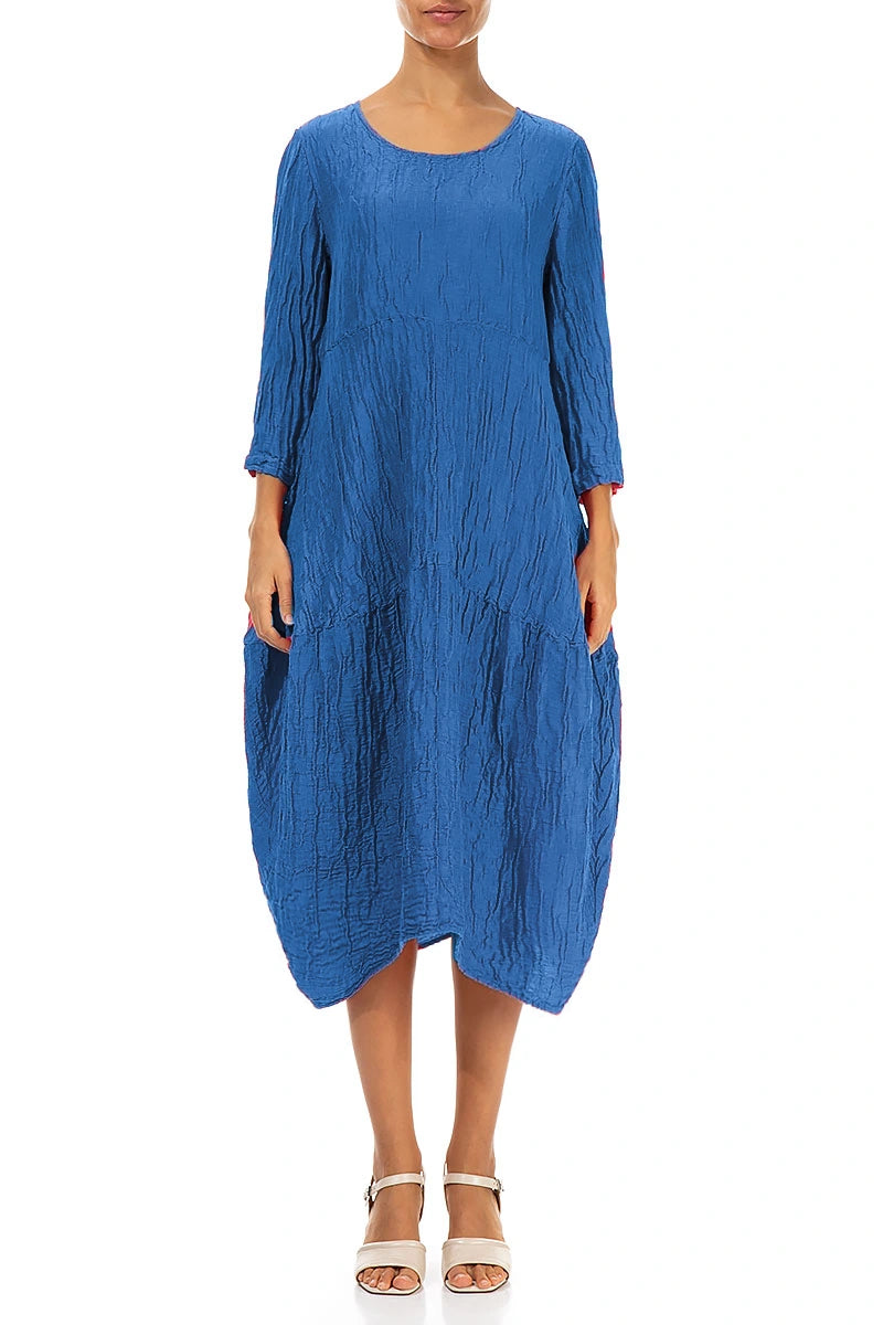 Balloon Crinkled Cobalt Blue Silk Linen Dress 1