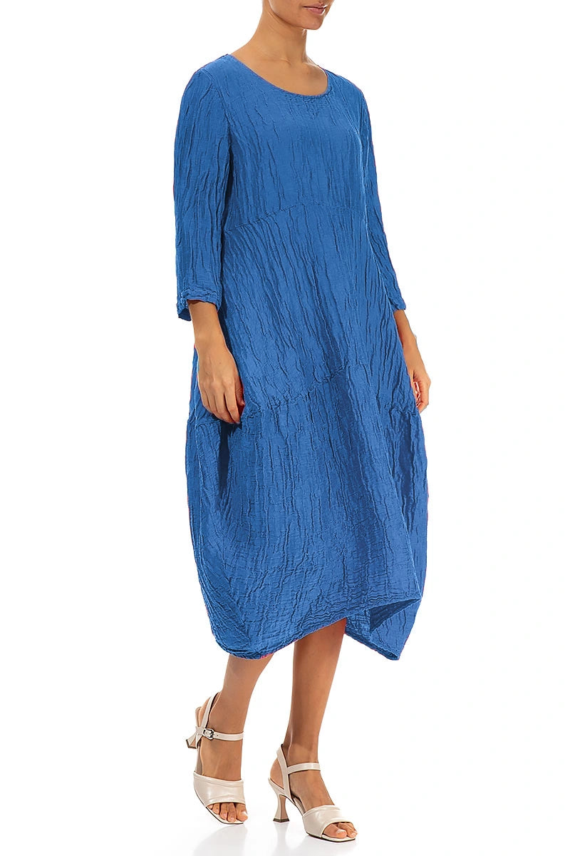 Balloon Crinkled Cobalt Blue Silk Linen Dress 4