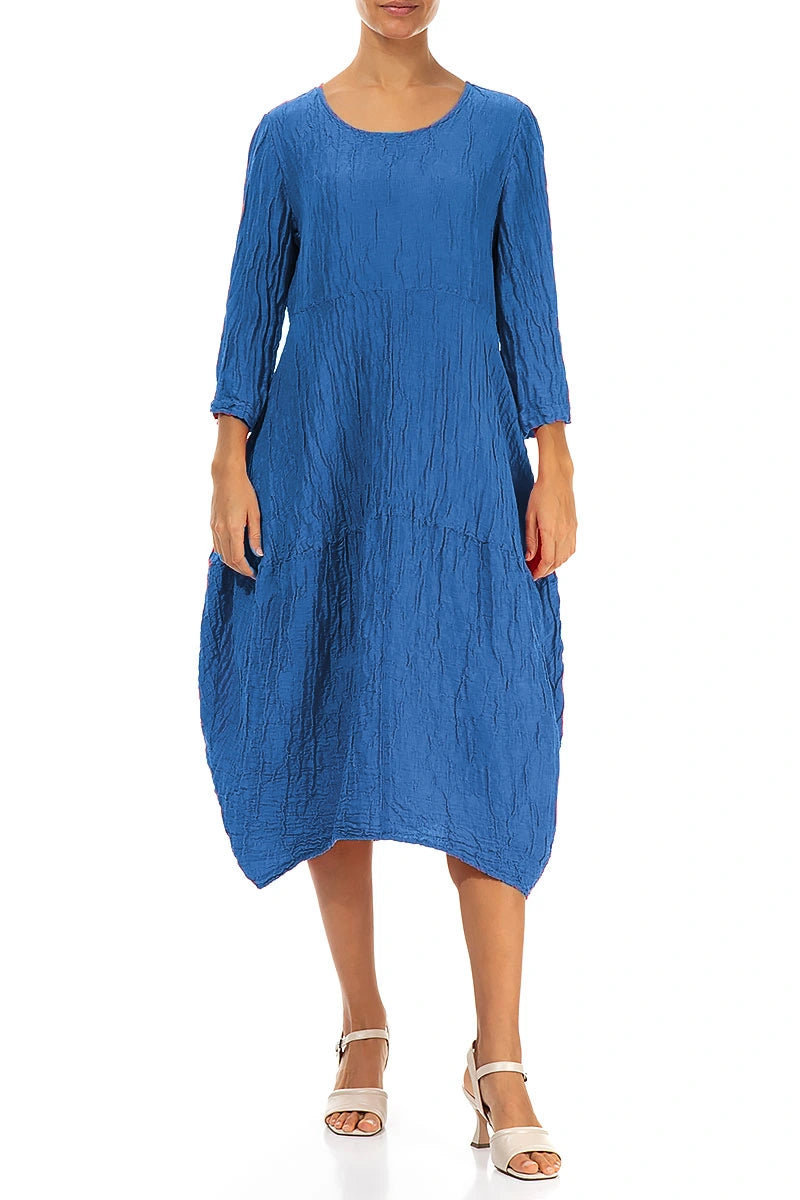 Balloon Crinkled Cobalt Blue Silk Linen Dress 3