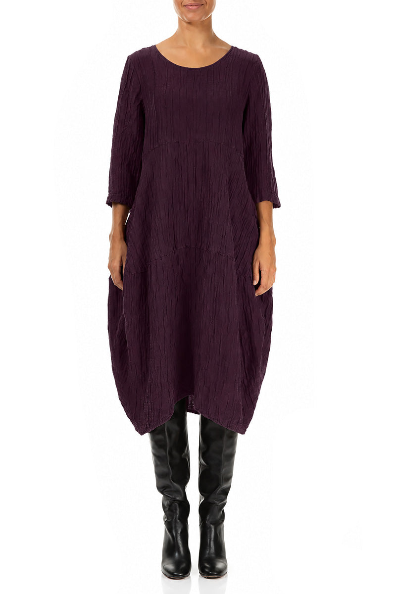 Balloon Crinkled Deep Plum Silk Linen Dress