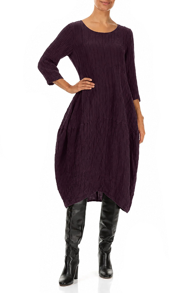 Balloon Crinkled Deep Plum Silk Linen Dress